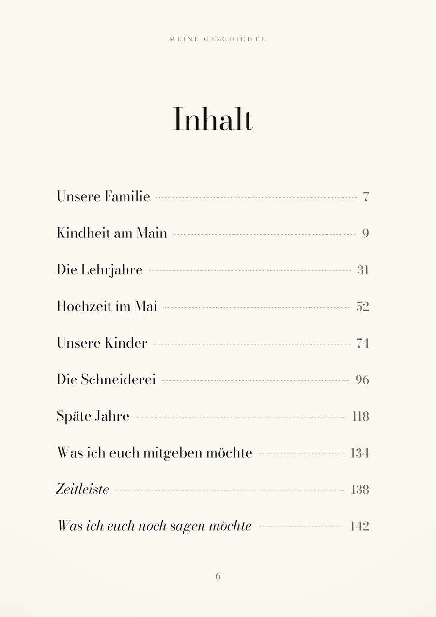 Die Inhaltsseite des Lebensbuchs mit den Kapiteln